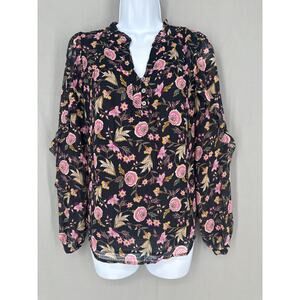 Loft Top Womens XS Black Floral Pink Cottage Boho Ruffle Bohemian Prairie Henley